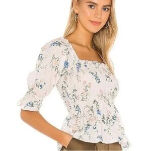 Saylor Cropped Top Womens XS Multicolor Floral Smocked Puff Sleeve Square Neck